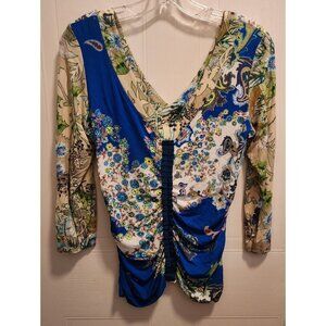 Eva & Claudi Women's 3/4 Sleeve Deep V Neck Ruched Blouse Top Floral Size Small
